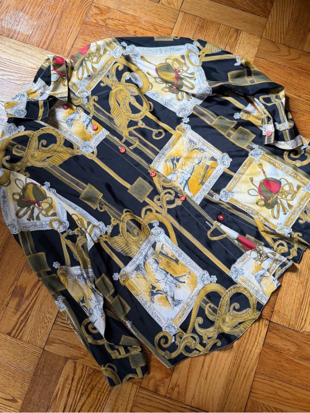 Vintage Black Button Up Shirt with Gold & Cream Equestrian Print Viscose